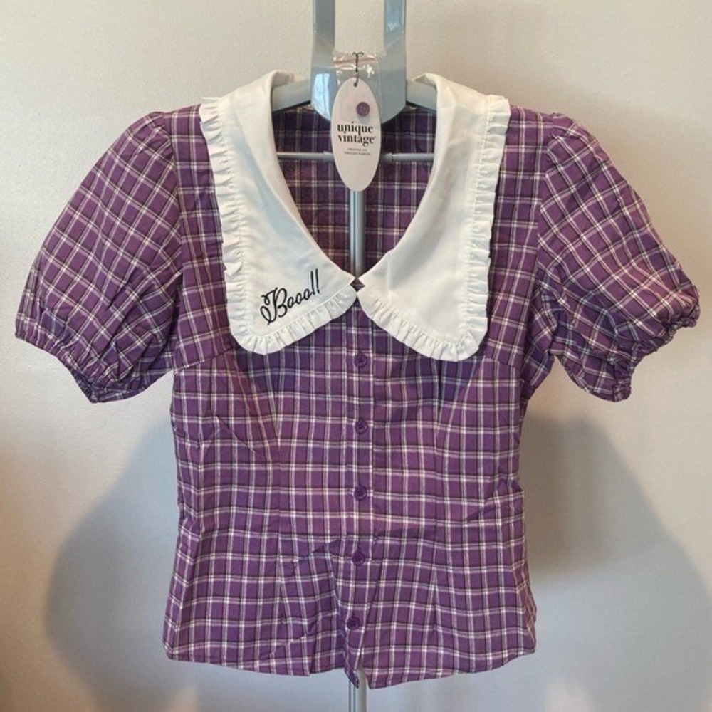NWT Unique Vintage M/6-8 Purple Plaid Oversized Collar Boo Blouse Halloween Cute